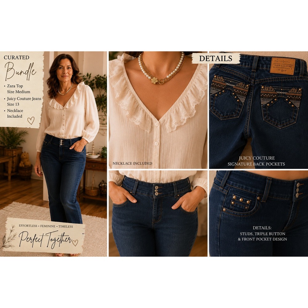 Zara Gauzy Ruffle Top Juicy Couture Embellished Jeans Pearl Necklace Bundle Set